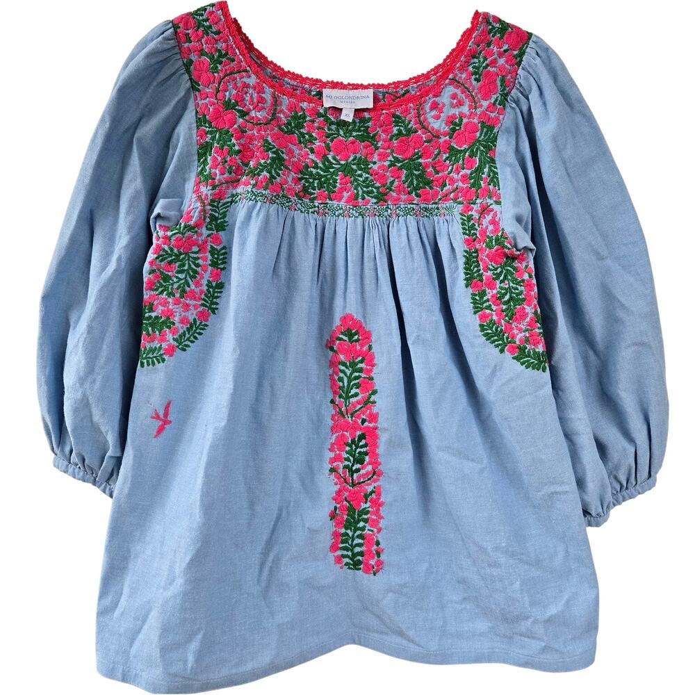 Mi Golondrina Catalina Azul y Rosa Embroidered Blouse Top Blue Womens Size XS